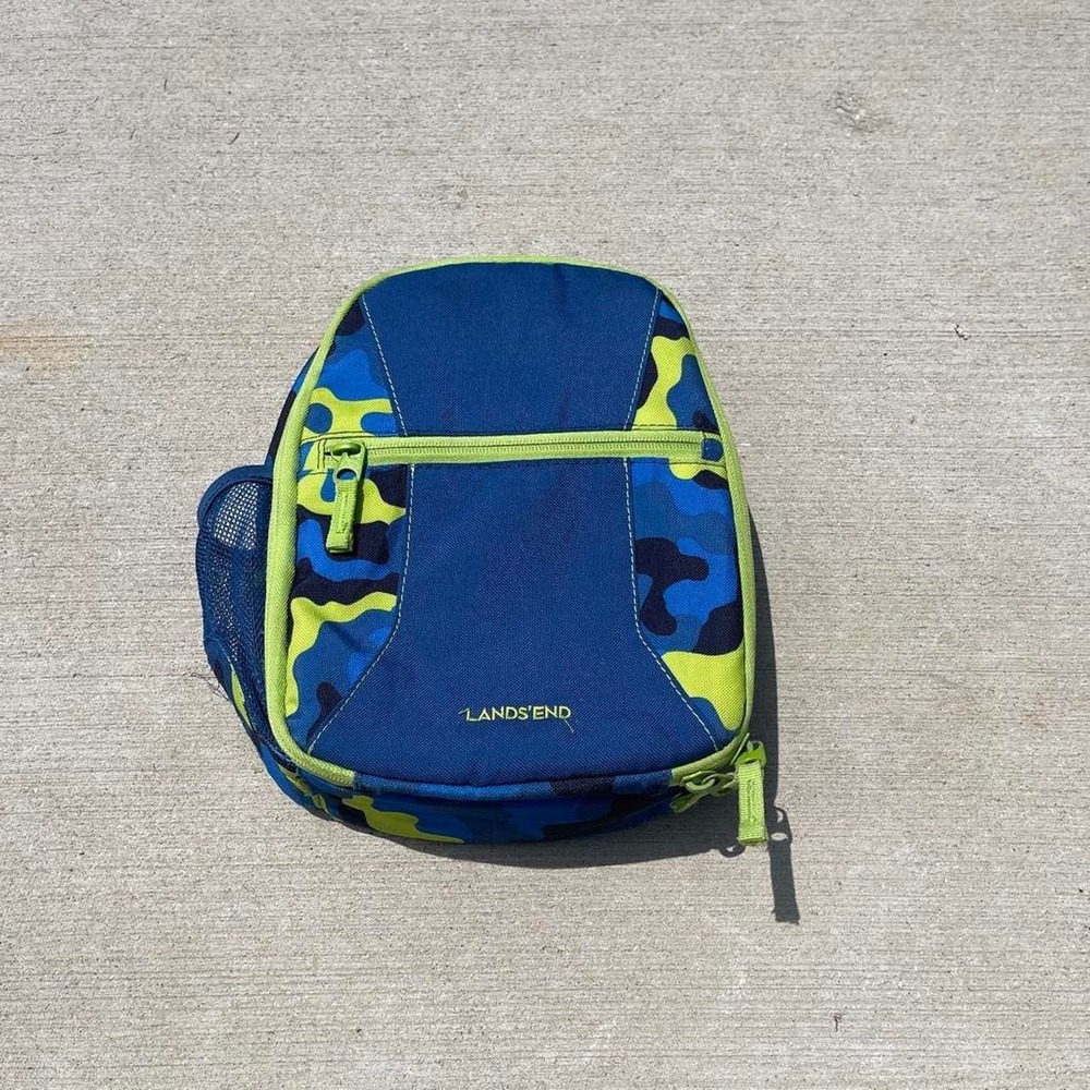 Lands End Kids Insulated Camo Lunch Box with Bento Box Container Blue Green